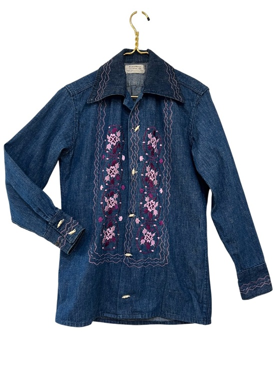 Vintage Tops - Vintage 70s Embroidered Denim Shirt Western Boho Floral Cotton